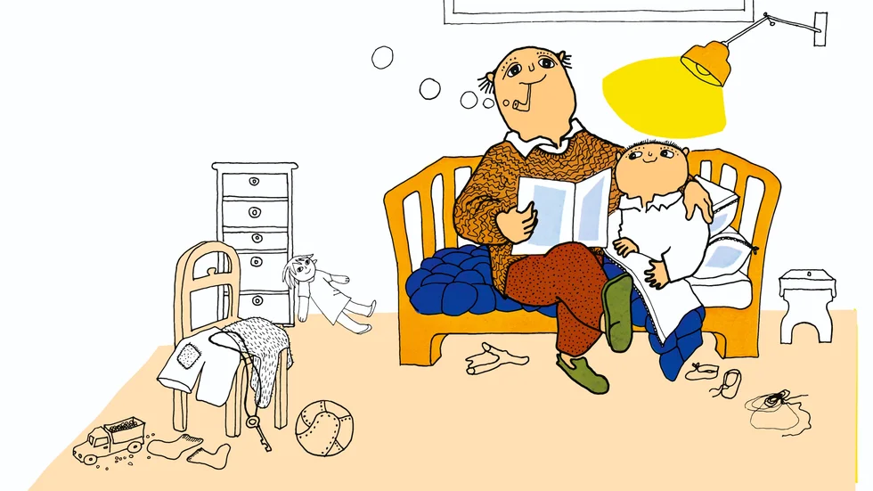 Alfons Åbergs piprökande pappa läser för honom. Illustration av Gunilla Bergström.