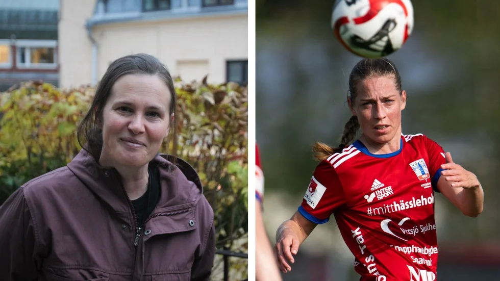 Mia Eriksson stöttar Linda Sällström. Förra LFC-spelaren visade tydligt sitt missnöje när några av motståndarsupportrarna skrek nedvärderande ord.