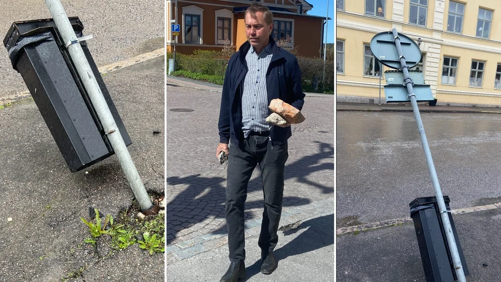 Stolpen med trafikskyltar, som bland annat berättar om torghandel, har högst sannolikt blivit påkörd. Under fredagen lagade David Noreen hålet som uppstått provisoriskt.