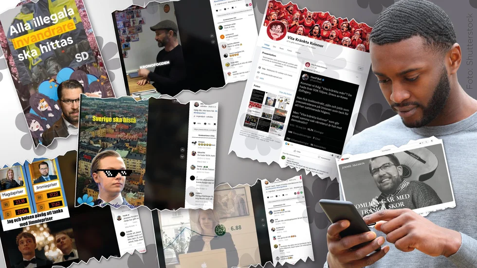 Sverigedemokraternas så kallade trollkonton innehåller både humorbetonat material och mer direkta påhopp på politiska motståndare. Montage.