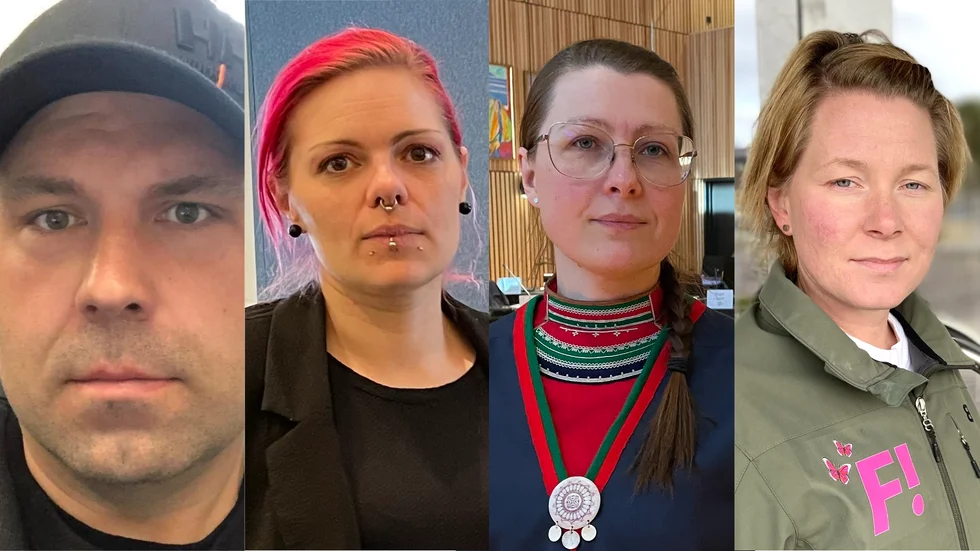 Gruppledarna för majoritetspartierna i Kiruna - Jonas Stålnacke (S), Sanna Inga Poromaa (V), Åsa Larsson Blind (SL) och Christine Brännvall (FI).