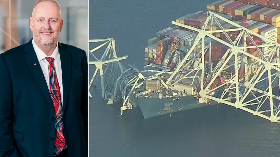 Kenny Reinhold, ordförande för Seko Sjöfolk och bild från broolyckan i Baltimore.