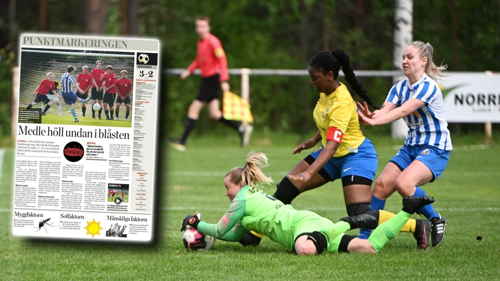 En bild från tisdagens match där Rönnskärs Veronica Lindsköld räddar ett läge. Till vänster en tidningssida från juni 2010, ett exempel hur Punktmarkeringen presenterades då. Nu är den tillbaka – så håll utkik i sommar. 