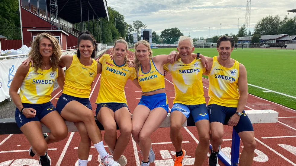 Motala AIF har sex landslagsfriidrottare till veteran-VM i Göteborg den 13-26 augusti. Från vänster ses Therese Adler, Martina Efraimsson, Victoria Westling, Sandra Thudén, Patric Halenius och Daniel Adler.