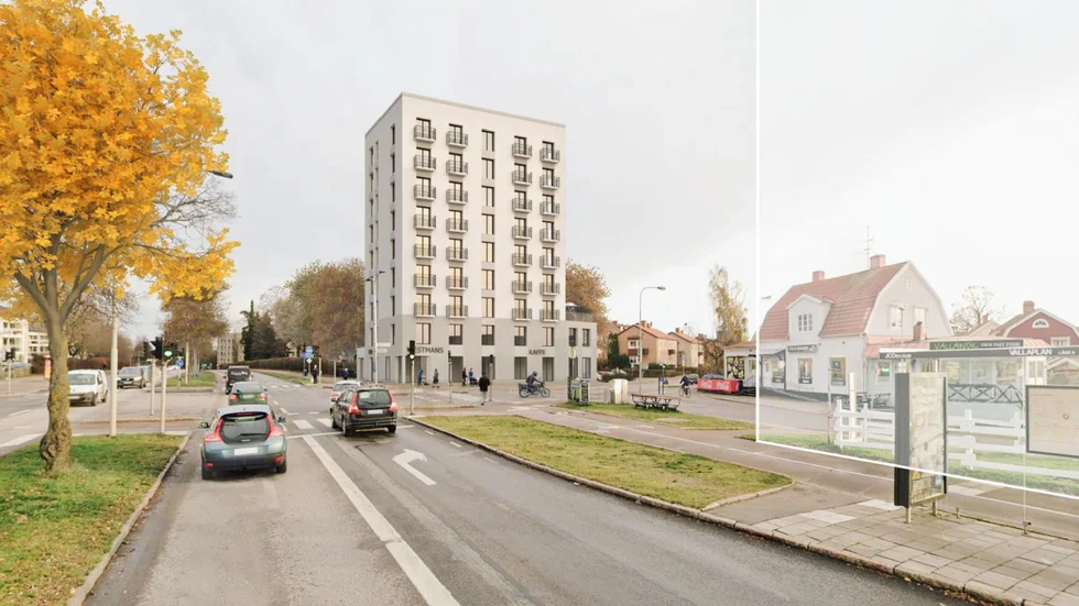 Så här kan det nya höghuset komma att se ut. Till höger i illustrationen markeras placeringen av nya hus på andra sidan Vallaplan.