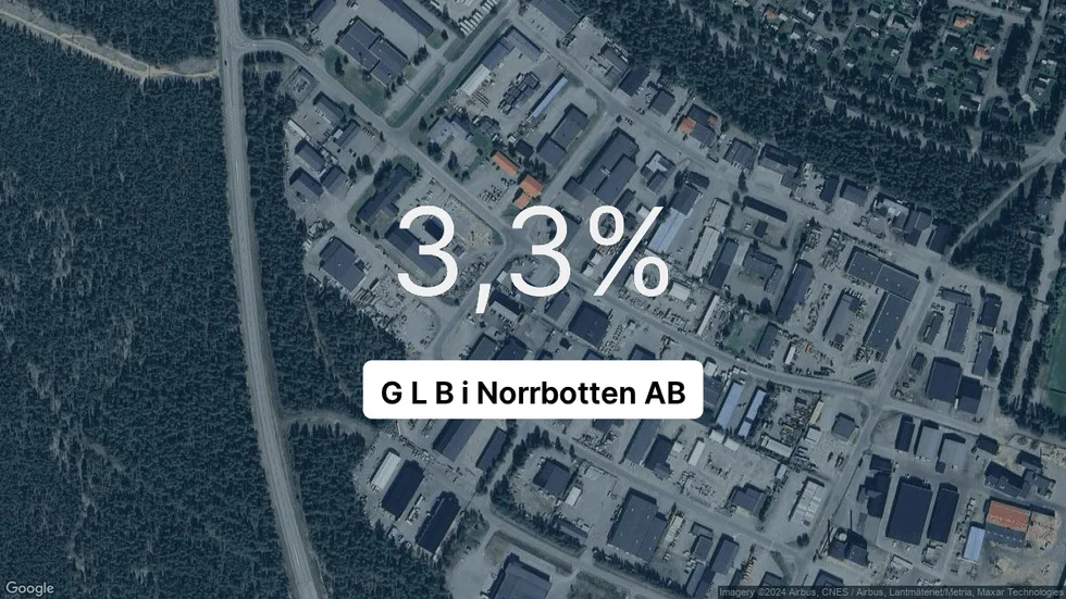 Illustrationen visar rörelsemarginalen för G L B i Norrbotten för det senaste året. Bakgrunden är en satellitbild över företagets adress.
