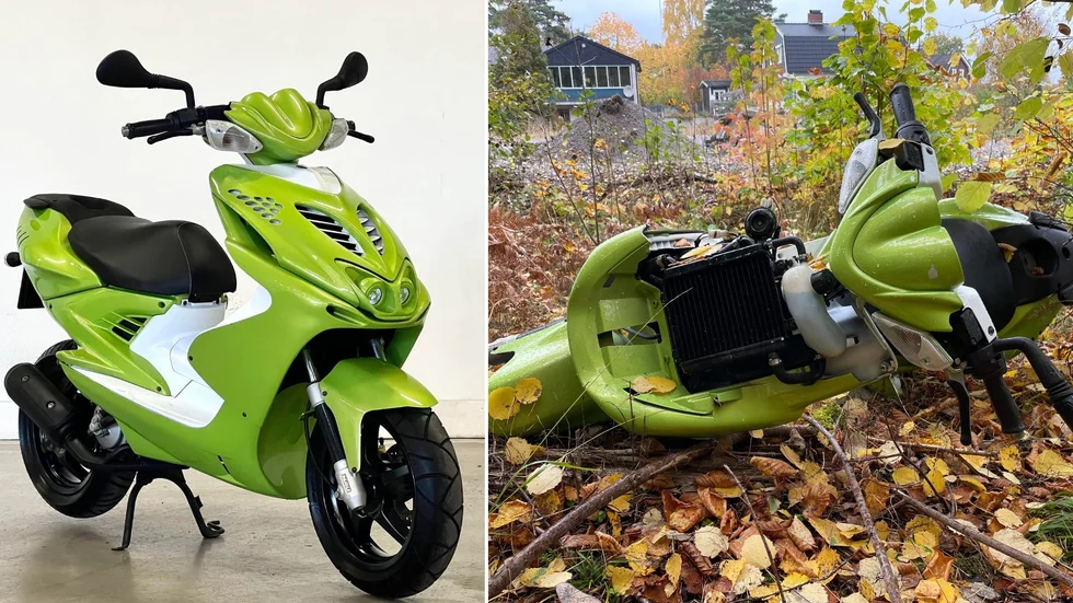 Den karaktäristiska moppen som stals förra veckan stod på en garageuppfart på Södertäljevägen. Några dagar senare återfanns den, demolerad, i skogen 200 meter därifrån