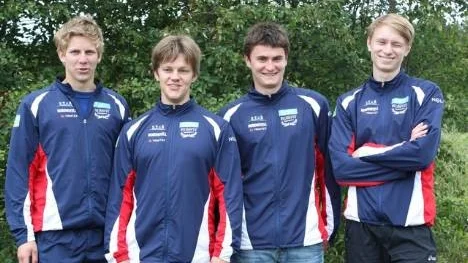 Framgångsrika friidrottare från Riviera i Valbo Games, från vänster: Andreas Johansson, Fredrik Persson, William Ullberg och Nils Carlsson.