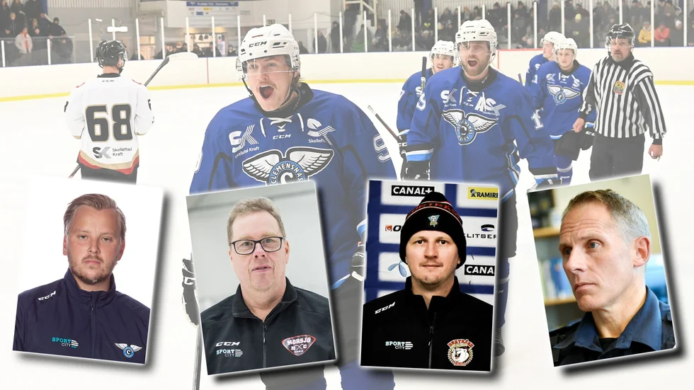 Emil Larsson (tv) är tränare i Clemensnäs HC som är megafavoriter inför starten av hockeytvåan. Sonny Lindfors (Norsjö), Björn Damm (Burträsk) och Lars Westermark (Lejon) siktar alla mot över halvan av tabellen som innebär spel i alltvåan efter jul. 