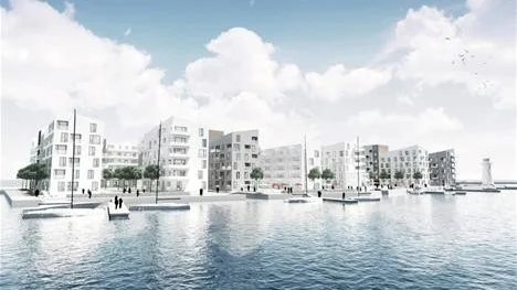SJÖSTAD. Det nya bostadsområdet byggs på en utfyllda småbåtshamnen. Strandnära är ett understatement.