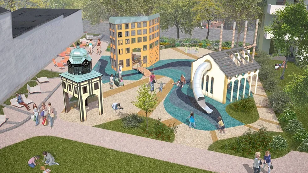 Mjölnarenparken. Här blir det en lekplats inspirerad av Industrilandskapet, med Holmentornet, Strykjärnet och Värmekyrkan.