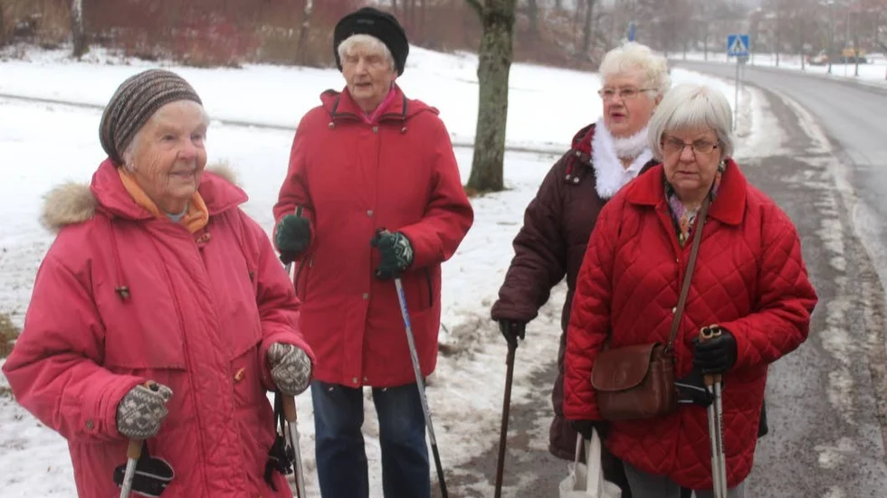 På promenad. De här pensionärskvinnorna promenerar varje onsdag året om. På sommaren i Lunddalen och på vintern på Hårstorp, från vänster Siv Andersson, Gulli Ekholm, Harriette Thorstensson och Birgit Eriksson.