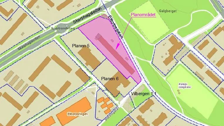 Planområdet. Det rosa området vid Skarphagsleden och Ektorpsgatan.
