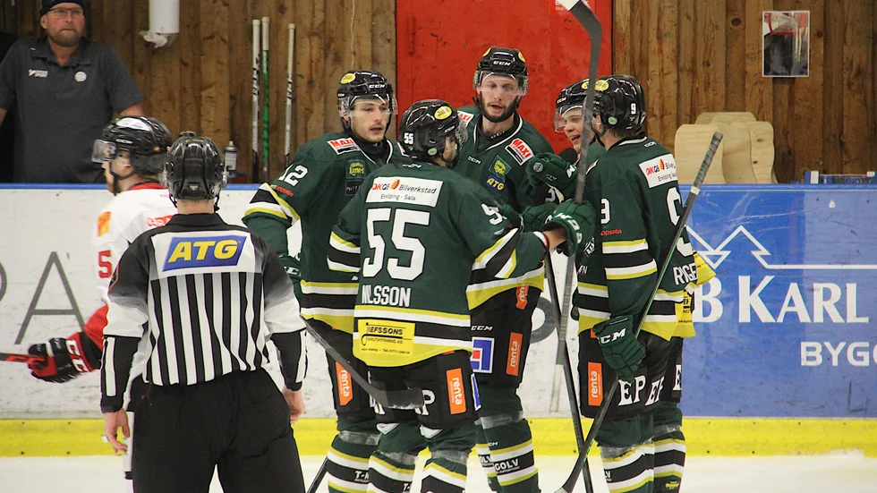 Här firar ESK 2-0-målet och det såg länge ut som om laget skulle bärga sin efterlängtade trepoångare i sista grundseriematchen.