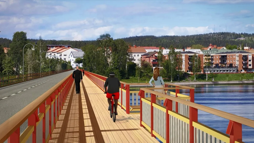 Bygg det som saknas, uppmanar skribenten, till exempel fler broar. Bilden, ett av förslagen till centrumbro, 2014 Foto: Illustration: Autotech Teknikinformation .