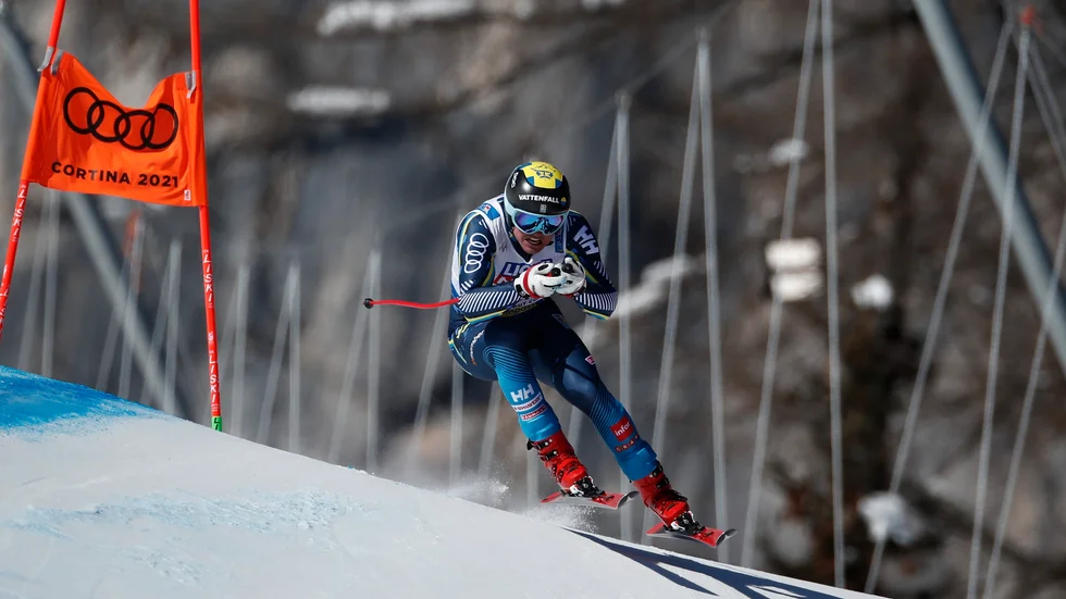 Felix Monsén under ett av träningsåken på VM i Cortina i vintras. Arkivbild.