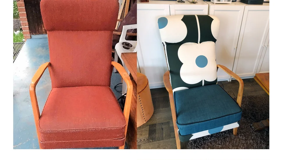 Före. Trött och nött och på väg till tippen. Fjädrar putar ut lite varstans och tyget är nött. Efter. Den gamla fåtöljen är som ny i blommigt Orla Kiely-tyg och ny stoppning i sitsen.