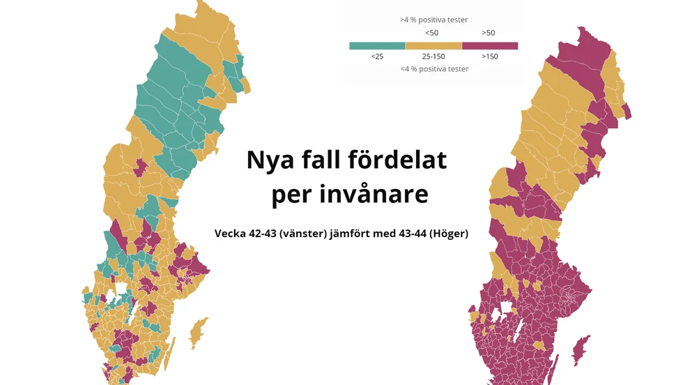 Färgerna på kartan visar kommuner med många fall fördelat per invånare, respektive få. Rött indikerar fler än 50 fall, och här har Västervik gått från "gult ljus" till "rött ljus" om man jämför veckorna 42+43 med 43+44.
