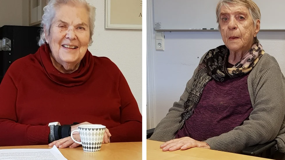 Anita Björk och Kerstin Svanholm, träffas för första gången sedan i mars. Attendos äldreboende Bantorget.