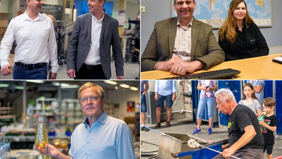Andreas Adelgren är marknadschef och Jens Zetterstedt vd på Borggårds Bruk. Far och dotter. Jonas Hagstedt är vd och ägare till Lämneå Bruk. Mathilda Hagstedt Suorra är produktionschef.
Ulf Rosén, vd vid Reijmyre Glasbruk och glasblåsare Krister Johansson gör färdig en ljuslykta.

