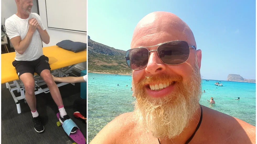 Jörgen Cavelinds liv förändrades hastigt när han fick en stroke. Till vänster är han på rehabilitering, högra bilden är från en semesterresa sommaren innan stroken.