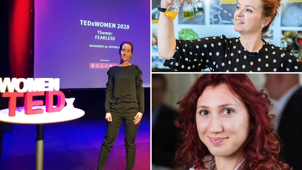 Iulia Karlsson (längst ner till höger) vill lyfta intressanta Uppsalakvinnor och arrangerade ett TEDx talk. Maria Winkvist (t v) talar om framgång och skam. Zorana Kurbalija Novicic (t h)är entreprenör som arrangerar barnkalas med vetenskapliga experiment.  