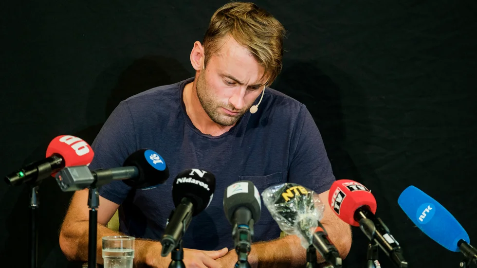 Petter Northug under en presskonferens den 21 augusti där han medger att han har drogproblem.