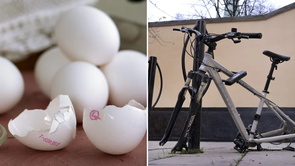Äggkastning mot bil och flera cykelstölder har anmälts. Bilderna är från andra sammanhang. 