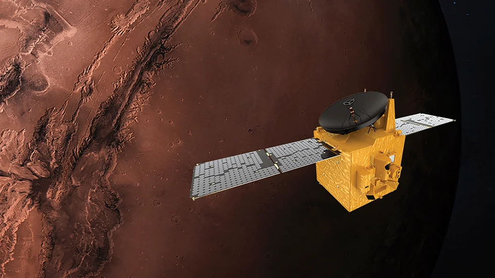 En animering i Mohammed bin Rashid Space Centre visar Förenade arabemiratens al-Amal som ska lyfta till Mars från Japan.