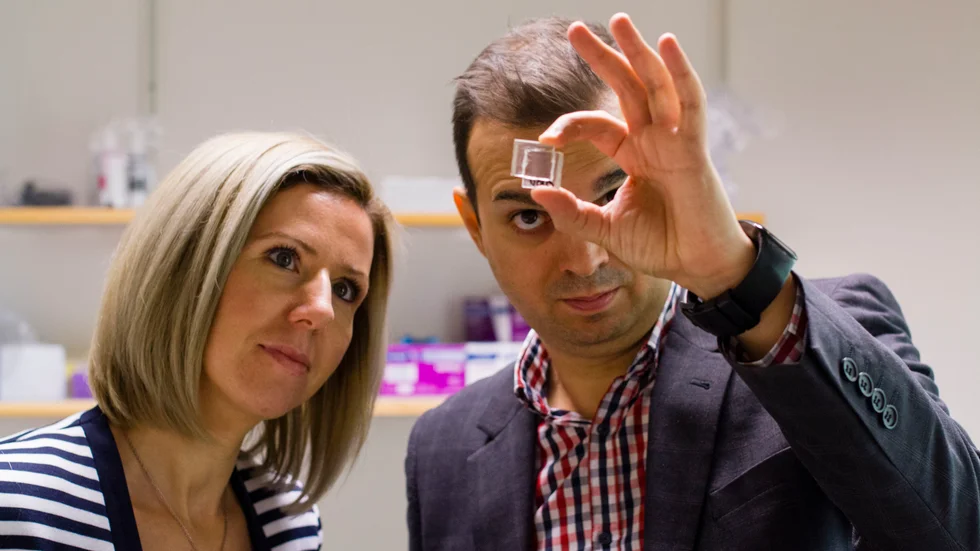 Cristina Paun, affärsutvecklare och Jacinto Sa, vd på Peafowl Solar Power har tagit fram transparenta och utskrivningsbara solceller som de har belönats för i tävlingen Startup 4 Climate. 