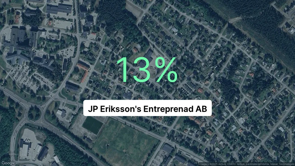 Illustrationen visar rörelsemarginalen för JP Eriksson's Entreprenad för det senaste året. Bakgrunden är en satellitbild över företagets adress.