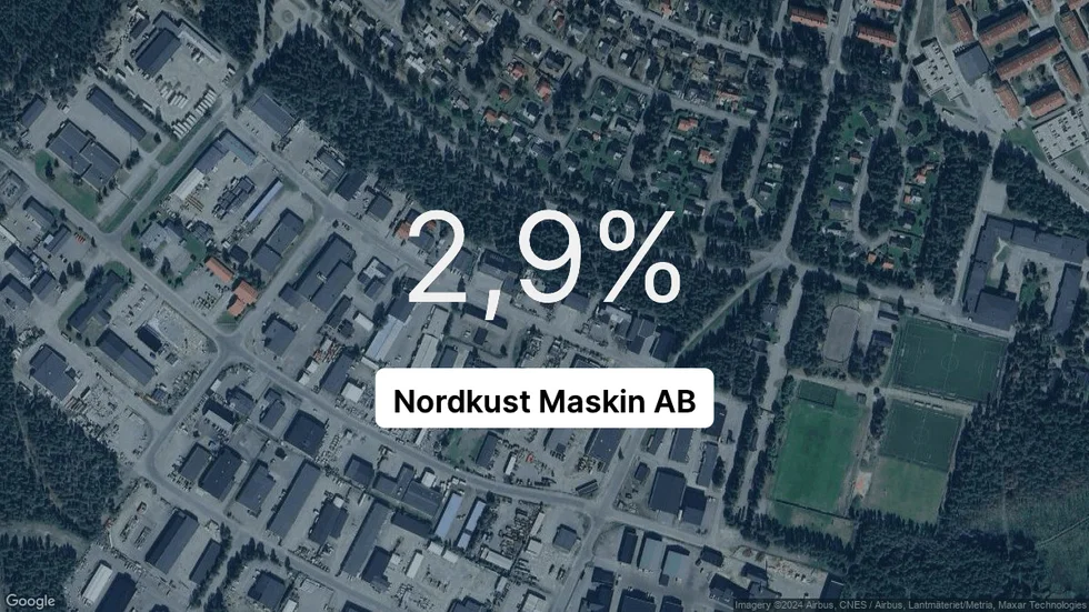 Illustrationen visar rörelsemarginalen för Nordkust Maskin för det senaste året. Bakgrunden är en satellitbild över företagets adress.