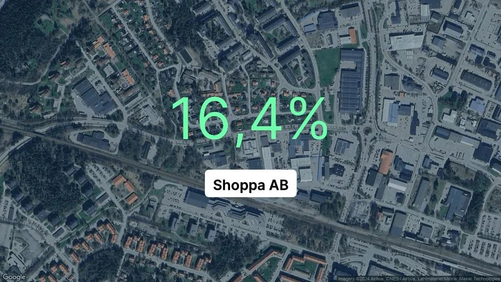 Illustrationen visar rörelsemarginalen för Shoppa för det senaste året. Bakgrunden är en satellitbild över företagets adress.