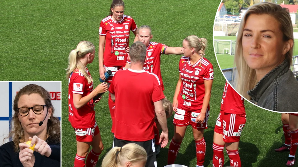 Till vänster SvFF:s tävlingschef Anna Lögdberg, i mitten Piteå IF:s F19-lag, till höger PIF:s klubbchef Emelie Lövgren.