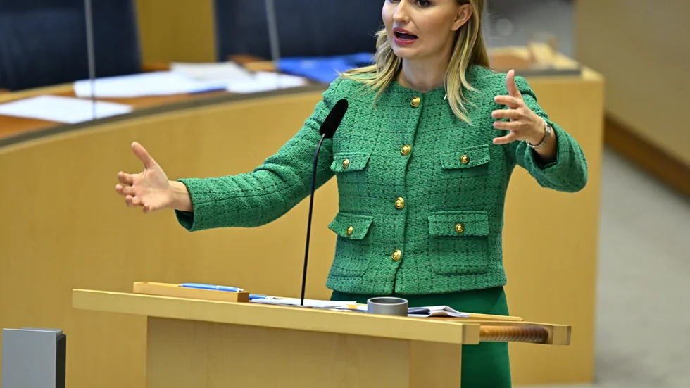 Energi- och näringsminister Ebba Busch (KD) under torsdagens interpellationsdebatt i Sveriges riksdag.