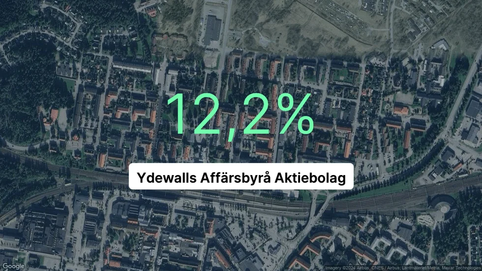 Illustrationen visar rörelsemarginalen för Ydewalls Affärsbyrå för det senaste året. Bakgrunden är en satellitbild över företagets adress.