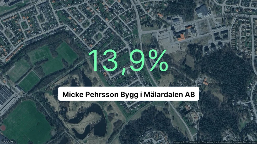 Illustrationen visar rörelsemarginalen för Micke Pehrsson Bygg i Mälardalen för det senaste året. Bakgrunden är en satellitbild över företagets adress.