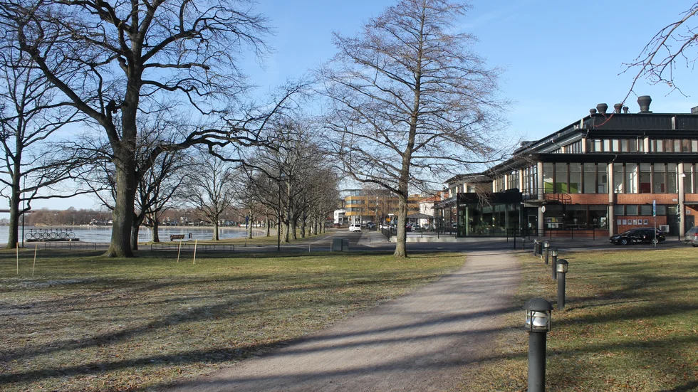 Till vänster om denna stig ska den kommande scenen i Stadsparken i Motala finnas. På andra sidan stigen ska publiken sitta.