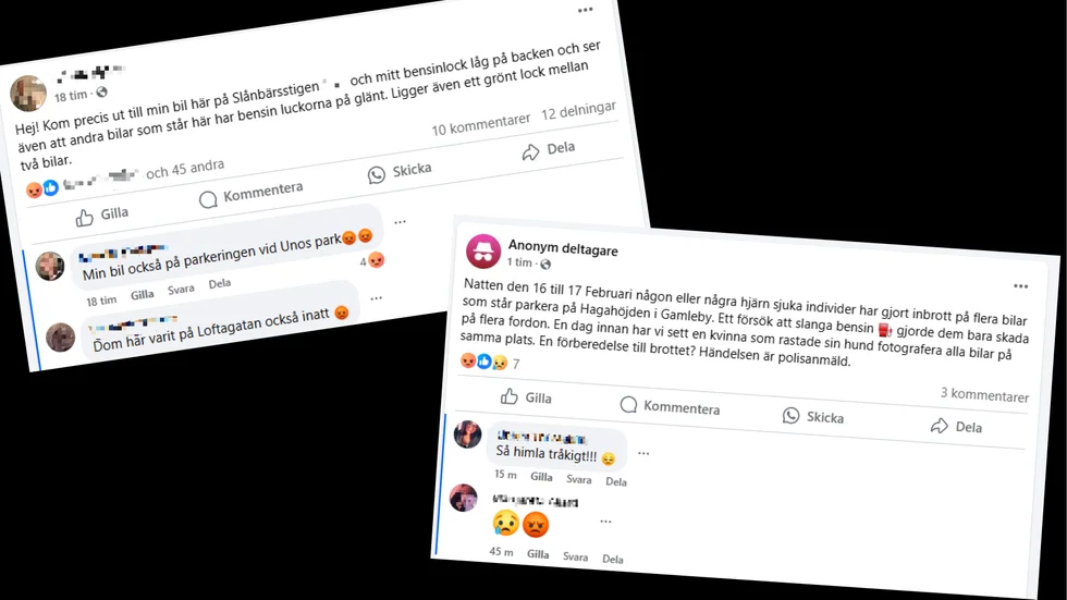 Två inlägg på Facebook som berättar om slangningen av bensin i Gamleby.