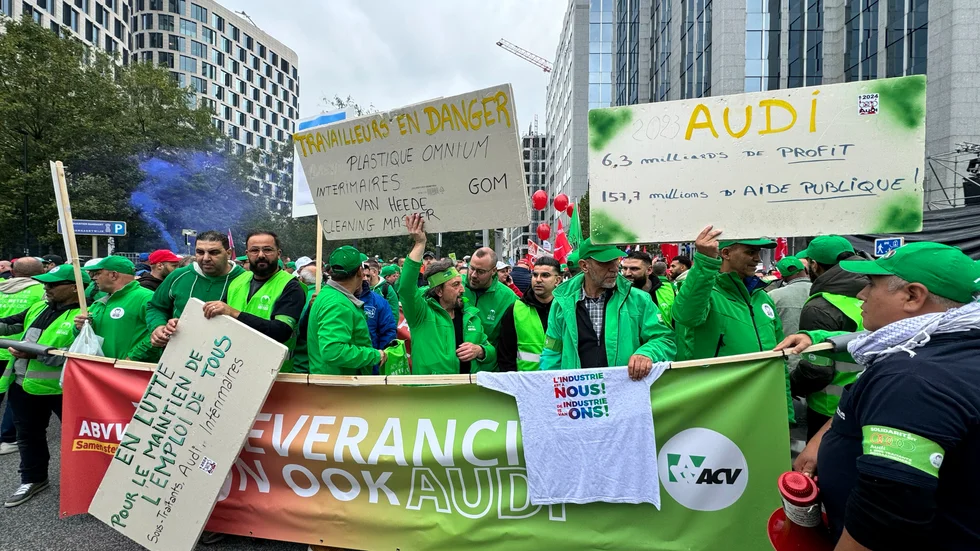 Anställda vid tyska Audis elbilsfabrik i Bryssel demonstrerade i förra veckan mot planerade massuppsägningar.