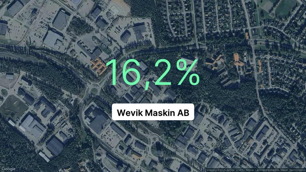Illustrationen visar rörelsemarginalen för Wevik Maskin för det senaste året. Bakgrunden är en satellitbild över företagets adress.