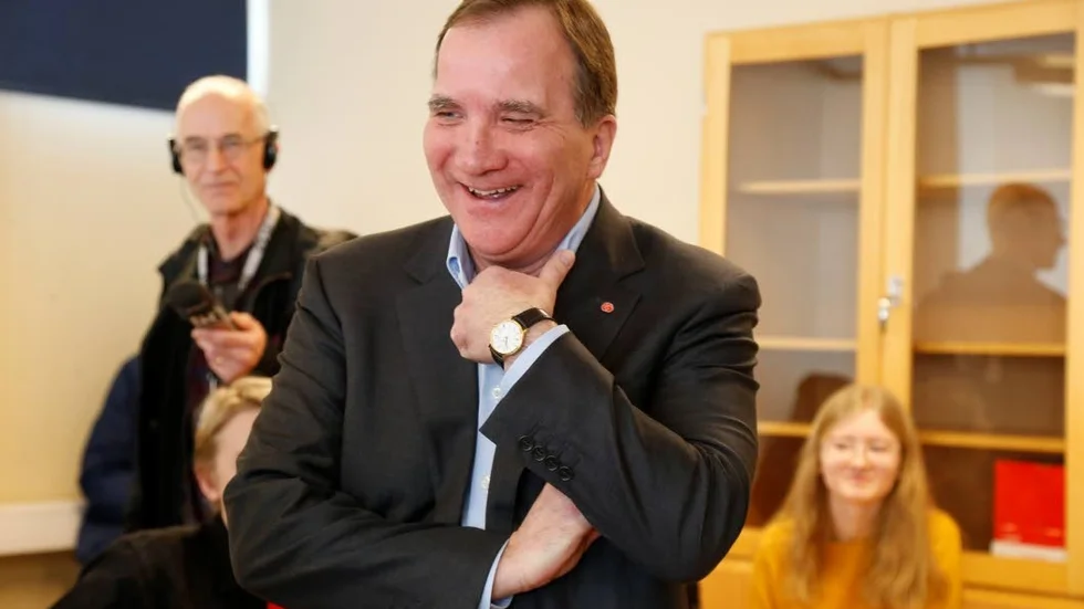 Löfven trivdes på besöket i Piteå.