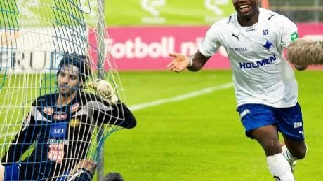 Simon Omekanda producerade ett a-lagsmål för IFK Norrköping, nämligen den här fullträffen hemma mot Mjällby förra sommaren.
Foto: Robert Svensson