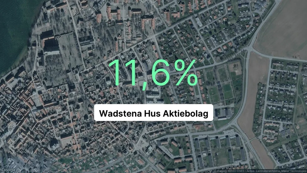 Illustrationen visar rörelsemarginalen för Wadstena Hus för det senaste året. Bakgrunden är en satellitbild över företagets adress.
