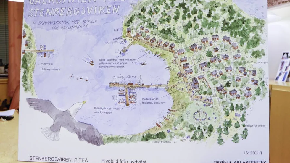Idé. Så här ser den första idéskissen ut för Stenbergsviken. Visionen är att anlägga en skärgårdsby med utrymme upp till 20 privata stugor och 5 uthyrningsstugor. Skiss: Tirsén & Aili arkitekter