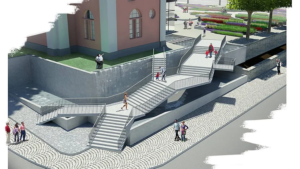 Tidigare skiss. Här ses en tidig skiss av den nya trappan mellan Hörsalsparken och Gamla Rådstugugatan. Trappan har dock modifierats lite sedan dess.
