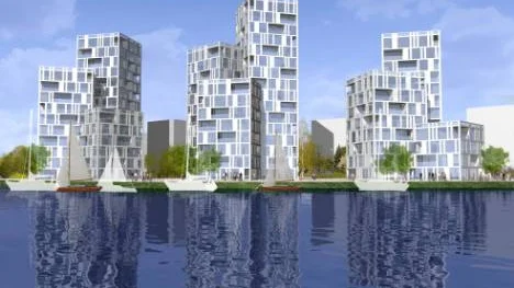 Det nya blickfånget från Luleås sjösida mot Oscarsvarv om Akelius fastigheter sätter planerna i verket. Husen blir 16, 14 resptkive 12 våningar höga.Teckning: Monarkens arkitektkontor