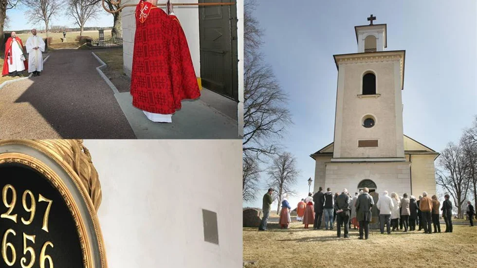 Biskop Martin Modéus stöter kräklan mot kyrkporten. Skillnaden före och efter renoveringen syns med den lilla grå rutan man sparat. Många samlades för att delta i nyinvigningen.