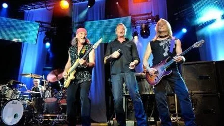 Ian Gillan, center, singer of British Rockband Deep Purple, and Roger David Glover, left, and Steven J. Morse, right, performs on the main stage during the Caribana Openair Festival, in Crans-sur-Nyon, Western Switzerland, Wednesday, June 9, 2010. (AP Photo/Keystone/Martial Trezzini)