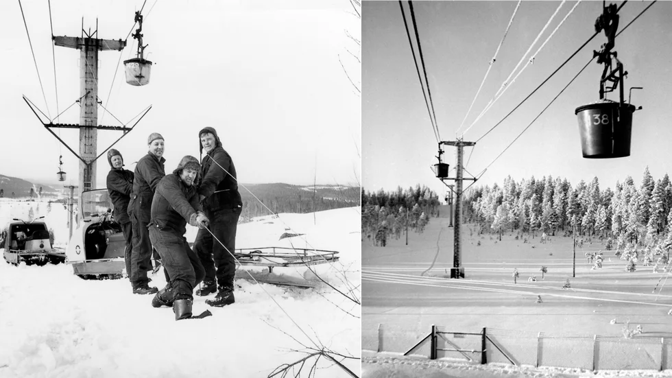 Kallt och slitigt, och inte helt ofarligt heller. Men många linbanearbetare vittnar om den goda kamratskapen. Här gör fr v Martin Gustafsson, Valter Johansson, Östen Björk och Ingvar Olofsson en gemensam insats. Fotot är från 1976. 